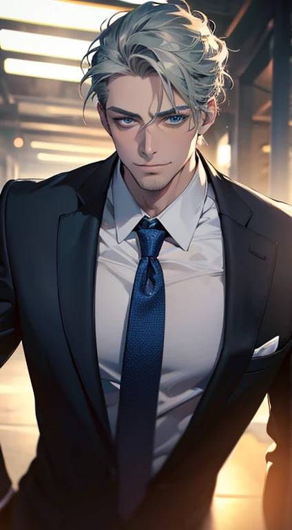 (best quality,4k,8k,highres,masterpiece:1.2),ultra-detailed,(realistic,photorealistic,photo-realistic:1.37),1 man,31 years old,mature man,very handsome,without expression,smile,short grey green hair,blue eyes,penetrating gaze,perfect face without errors,imposing posture,businessman,office background,cinematic lighting,hdr image
