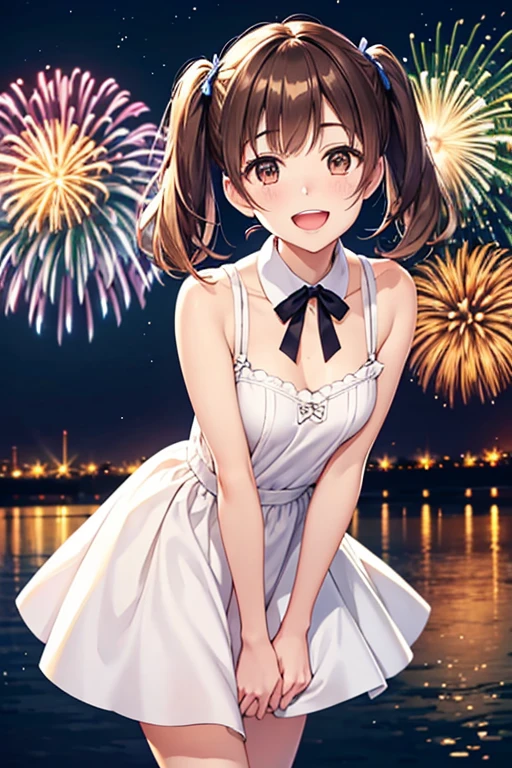 Yumi Fukuzawa、Shiny brown hair,Medium Hair, 、(( High Twintails、rabbit style)),Beautiful brown eyes、Sparkling eyes, fine grain、smile、Very fine eye、Very detailed顔, Very detailed目,Cowboy Shot、

(Photorealistic:1.4, 8k), Highest quality, masterpiece, 超High resolution, Perfect dynamic composition,Highest quality, Very detailed, Very delicate and beautiful, High resolution, Very detailedCG, masterpiece,



Sundress, White Dress, Sleeveless dress, Exposing shoulders, firework, aerial firework, (chest squeezed together), (v Arms),  night, night sky, City lights, chest, chestの谷間, Leaning forward, smile, Open your mouth