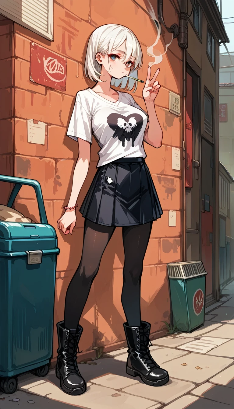 1girl, solo, Alley, standing, lean against a wall, smoking in one's mouth, Lazy expression, V-neck T-shirts, mini skirt, zettairyouiki, large breasts, black pantyhose, white lace-up boots, ((looking out)), aidxlv05_neg