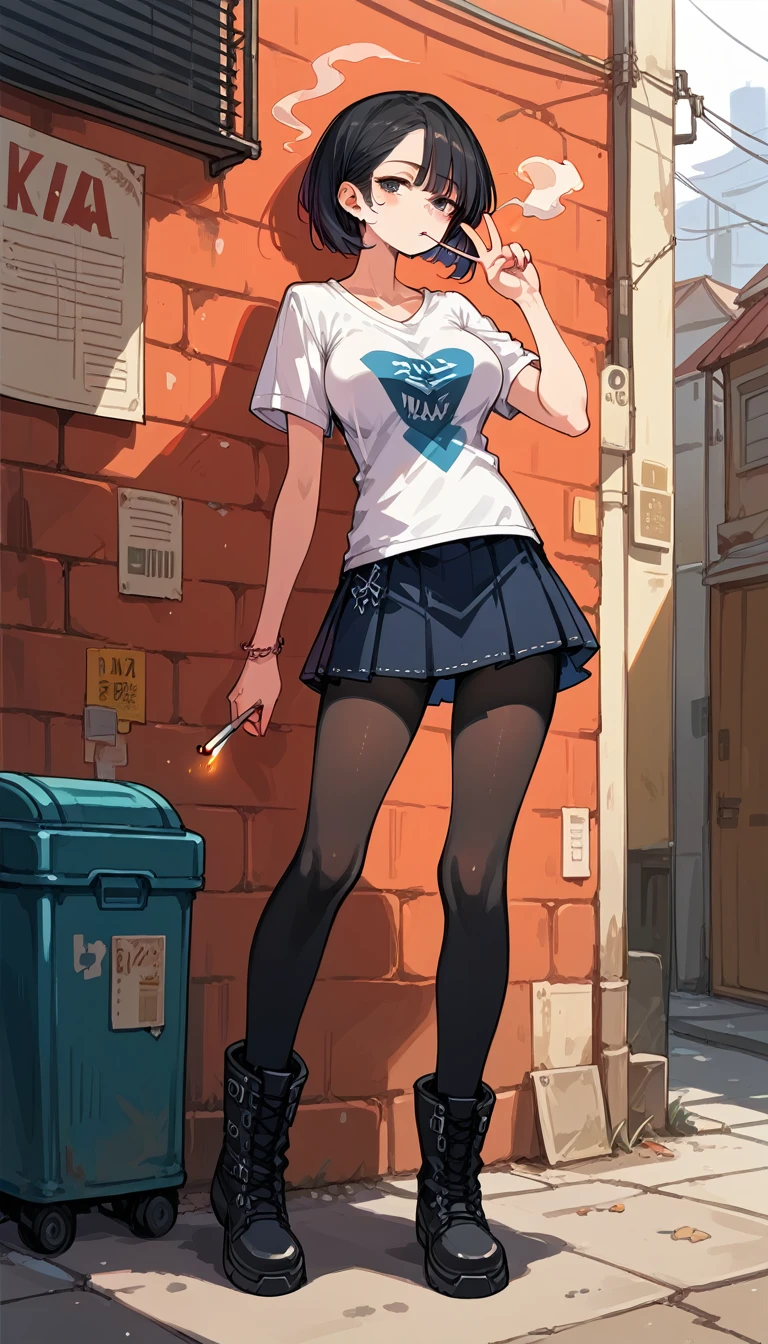 1girl, solo, Alley, standing, lean against a wall, smoking in one's mouth, Lazy expression, V-neck T-shirts, mini skirt, zettairyouiki, large breasts, black pantyhose, white lace-up boots, ((looking out)), aidxlv05_neg