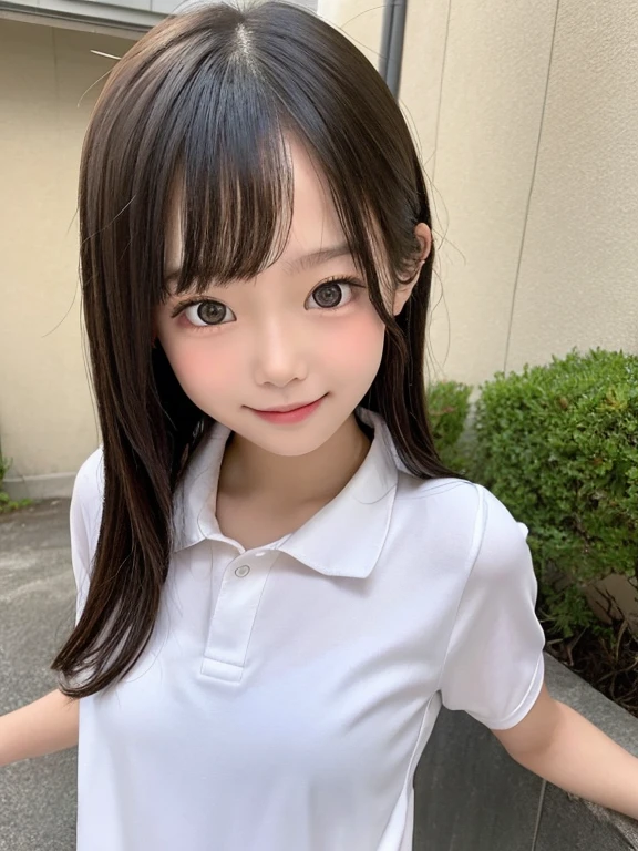 9 , elementardy1.4, best quality:1.6, 8K, (Extremely detailed eyes:1.6, Extremely detailed face:1.2), very cute face, big breast, white shirt, Bloomers, no bra,  school gym suit, wet clothes, musume san, long hair, bangs, 1 girl, outdoor, open mouth, Smile slightly, 