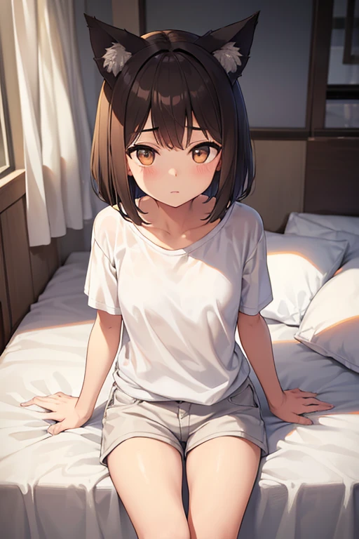 Two Girls　cute　Background　inside the bed　(Two Girls　Wolf ears　Brown short hair　T-Shirts　Shorts　White shorthair　shirt　Capri Pants)　Petite　Normal chest　Thin thighs　first round