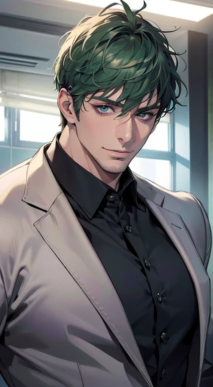 (best quality,4k,8k,highres,masterpiece:1.2),ultra-detailed,(realistic,photorealistic,photo-realistic:1.37),1 man,31 years old,mature man,very handsome,without expression,smile,short green hair,blue eyes,penetrating gaze,perfect face without errors,imposing posture,businessman,office background,cinematic lighting,hdr image