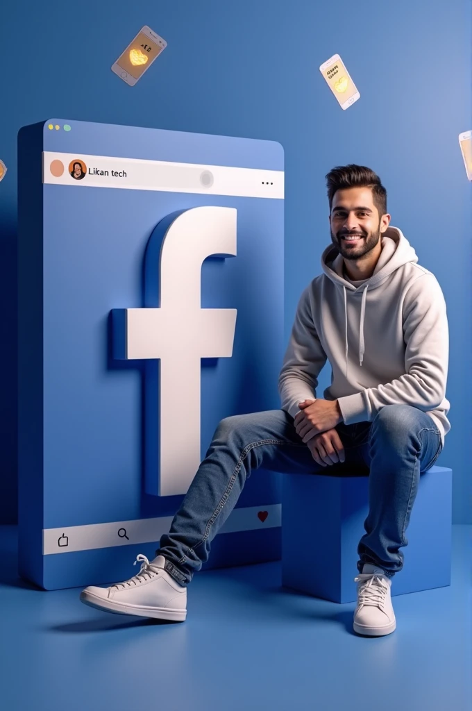 Design a 3D illustration featuring Liban tech casually sitting next to the Facebook logo. Ensure he is wearing modern casual clothing and set the scene against a Facebook profile page with the username "Liiban tech" and a matching profile picture.