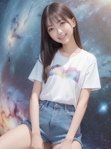 Japanese female, (underweight), (flat chest best quality:1.5), 30 years old, (cheerful grin:1.3),
the cosmos, the galaxy, sitting, semi long, (white t-shirt), (denim shorts), ((in the space)), (with a galaxy), full body shot
