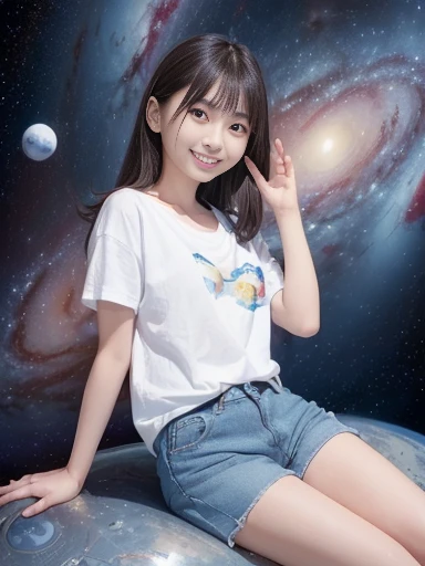 Japanese female, (underweight), (flat chest best quality:1.5), 30 years old, (cheerful grin:1.3),
the cosmos, the galaxy, sitting, semi long, (white t-shirt), (denim shorts), ((in the space)), (with a galaxy), full body shot