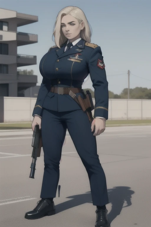 masterpiece, best quality, 1girl, solo, large breasts, strong female soldier, (overfilled small breast implants, fake , unaligned breasts, perfectly round breasts, extremely firm round breasts implants), SFW, military uniform, standing at attention, holding a rifle, looking at viewer,