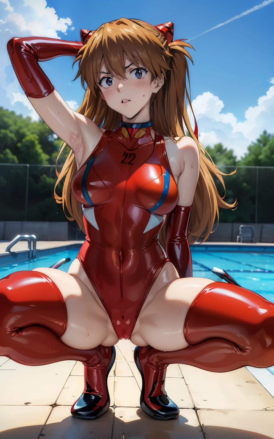 camel toe:1.4, erect nipples, ((((asuka langley soryu)))),  (sweat), (vapour), (((long gloves:1.3))), brown loafers, black calf length socks, Open your thighs wide to the left and right､Squat on the ground, show off your crotch to the viewer, ((red latex competitive swimsuit:1.3)), High leg, squat, spread your legs:1.3, ((arm behind head:1.3)), absurdes, brown long hair, 青い瞳, 斜めの目, flat lighting, elevation angle, sexy pose, highest quality、Complex, surreal, perspective, very detailed, detailed background, shape, 1 girl, alone, big breasts,  embarrassing, blush, ((outdoor poolside)), 
