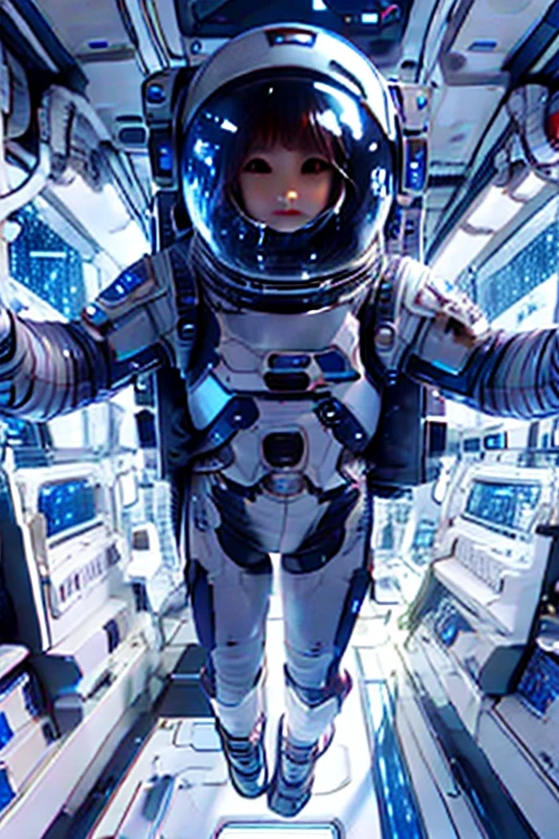 A Japanese girl poses with her whole body in a metallic silver space suit, helmet and life support
system on her back.
