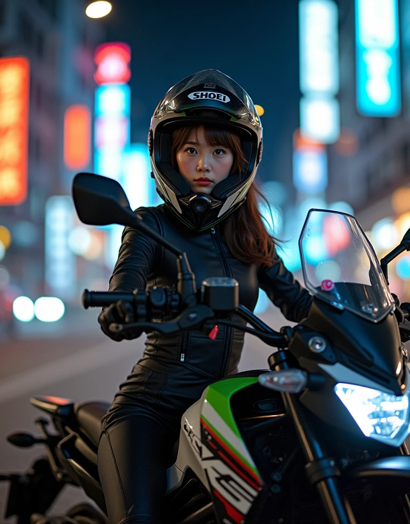 very beautiful Japanese high school girl, about to Ride on a off-road motorcycle, at downtown at night, dramatic scene, masterpiece, (face focus:1.3), clear helmet visor, beautiful eyes, Kawasaki bike, Shoei helmet, (wearing off-road rider's outfits)