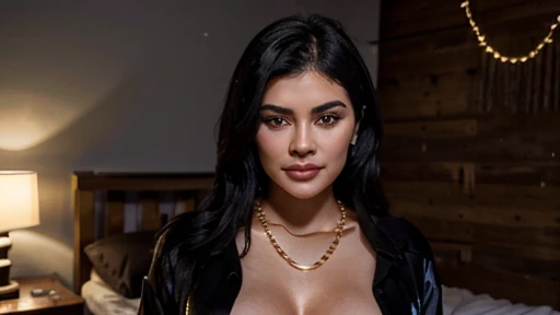 Kylie Jenner, big well-defined tits, medium eyes, medium mouth, red lipstick, with very shiny black hair extra long, she have a golden bracelet, nice black v-shirt, black shorts, she is in a house in the mountains in her bedroom, she is smiling, pearl necklace, and elegant jewelry, she have nice eyebrow