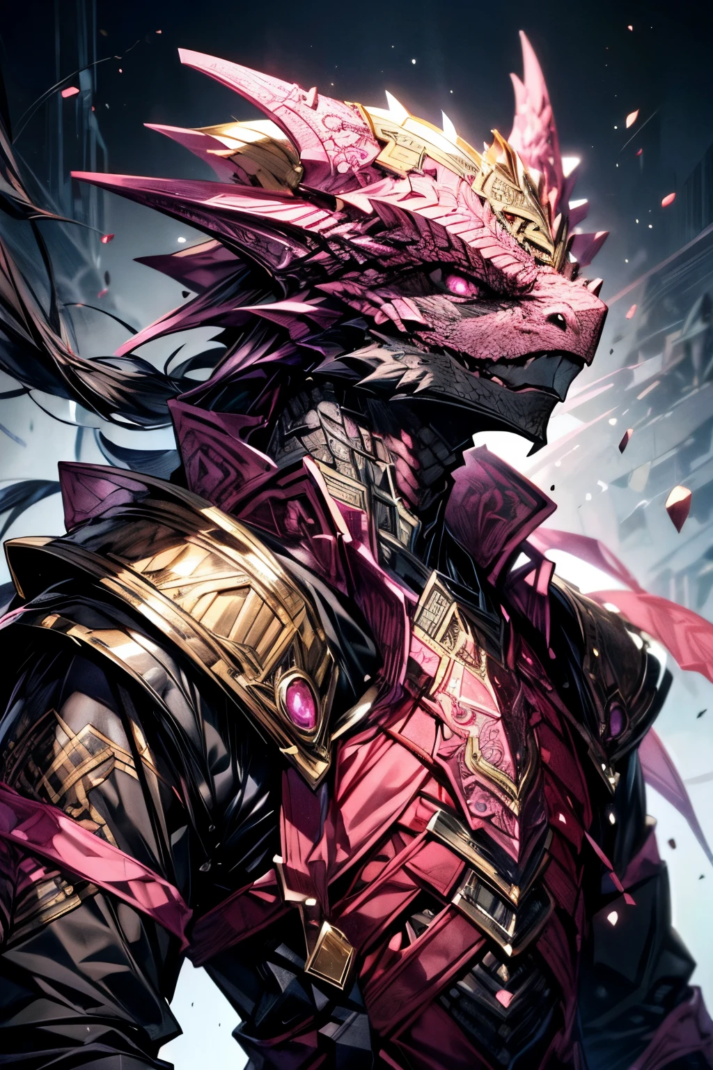 (masterpiece, best quality, perfect face, expressive eyes), 1boy, (male), (adult), (anime). intricate details, black dragonborn, pink eyes, black armor,