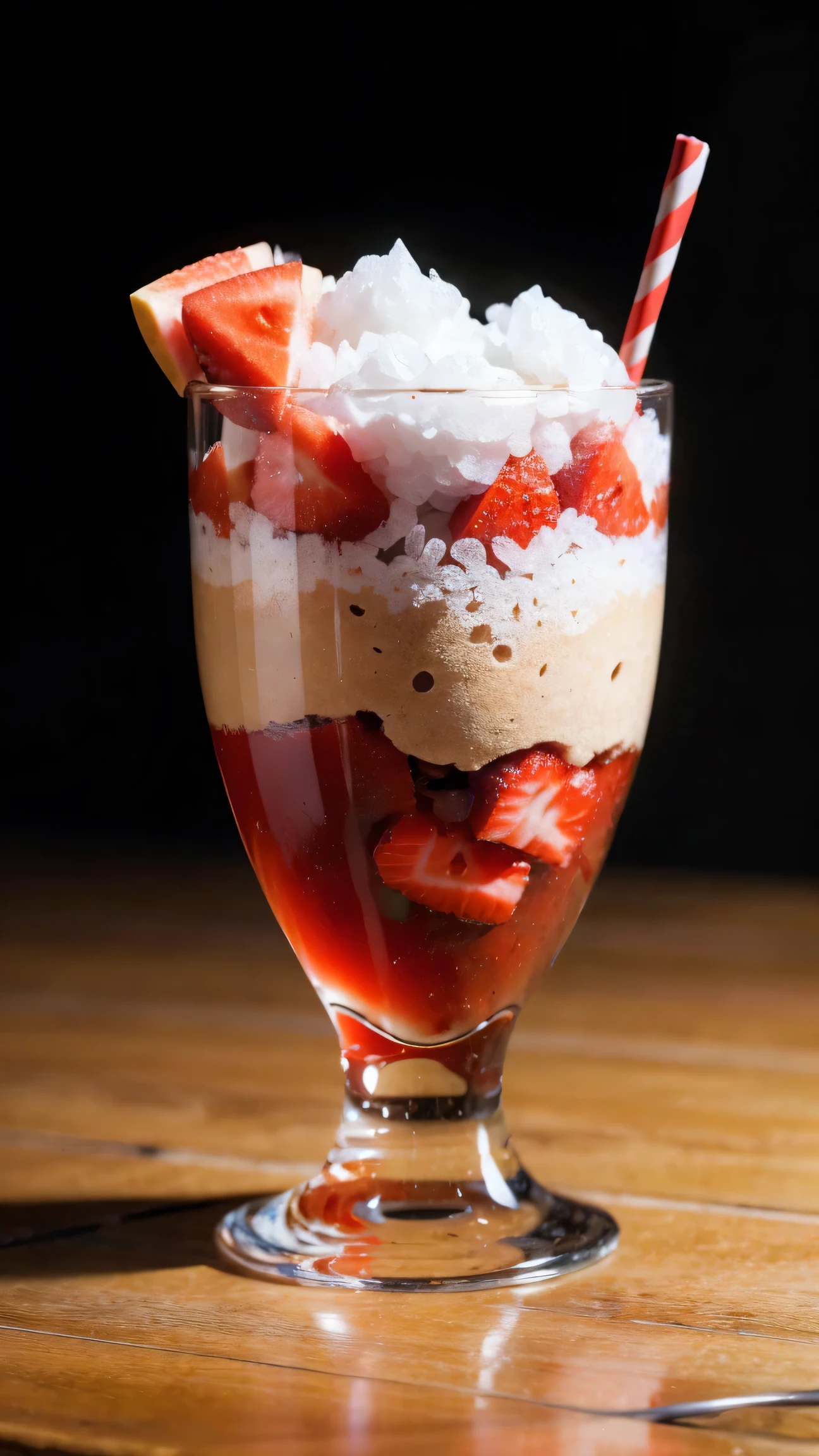 product image from A delicious shining clear glass bowl filled with shaved ice topped with strawberry syrup, in the bowl there are pieces of fresh fruit. Around the bowl are pieces of watermelon, papaya, fresh apples and blocks of ice. The bowl stands on a polished wooden table with dramatic dust coming from the base. The graffiti text on the bowl reads "Es Buah Prasmanan" which is clearly legible. On a striking black background