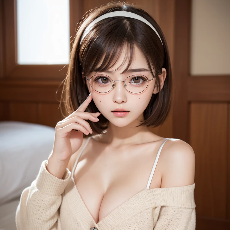 Tabletop, Highest quality, One Girl, (beautiful girl, Delicate:1.3), (23 years old:1.3), Definition of Very Fine Particles, (Symmetrical eyes:1.3), Bedroom, ( Off the shoulder、White camisole、A loose cardigan:1.2), Small breasts, Cleavage、Brown eyes, Show your forehead, Brown Hair, (Eye and facial details:1.0), (RAW Photos, Film Grain, chromatic aberration), (Bokeh: 1.1),,thin、Tear bags、Raccoon face、Droopy eyes、Bobcut、head band、Place index finger on lips、freckles、Round Glasses、(Erect nipples)、belly button、Cream on face