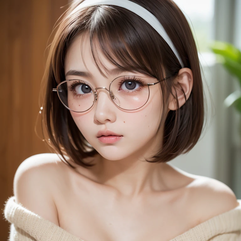 Tabletop, Highest quality, One Girl, (beautiful girl, Delicate:1.3), (23 years old:1.3), Definition of Very Fine Particles, (Symmetrical eyes:1.3), Bedroom, ( Off the shoulder、White camisole、A loose cardigan:1.2), Small breasts, Cleavage、Brown eyes, Show your forehead, Brown Hair, (Eye and facial details:1.0), (RAW Photos, Film Grain, chromatic aberration), (Bokeh: 1.1),,thin、Tear bags、Raccoon face、Droopy eyes、Bobcut、head band、Place index finger on lips、freckles、Round Glasses、(Erect nipples)、belly button、Cream on face