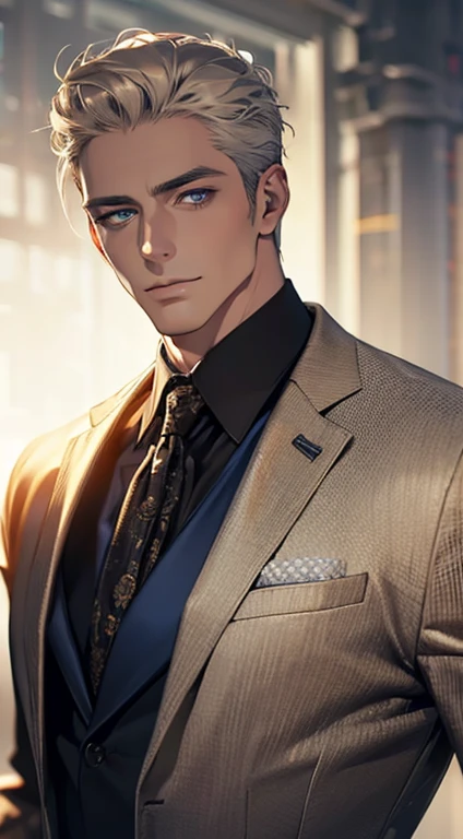(best quality,4k,8k,highres,masterpiece:1.2),ultra-detailed,(realistic,photorealistic,photo-realistic:1.37),1 man,31 years old,mature man,very handsome,without expression,smile,short grey golden hair,blue eyes,penetrating gaze,perfect face without errors,imposing posture,businessman,office background,cinematic lighting,hdr image