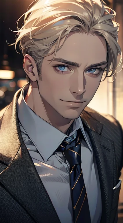(best quality,4k,8k,highres,masterpiece:1.2),ultra-detailed,(realistic,photorealistic,photo-realistic:1.37),1 man,31 years old,mature man,very handsome,without expression,smile,short grey golden hair,blue eyes,penetrating gaze,perfect face without errors,imposing posture,businessman,office background,cinematic lighting,hdr image