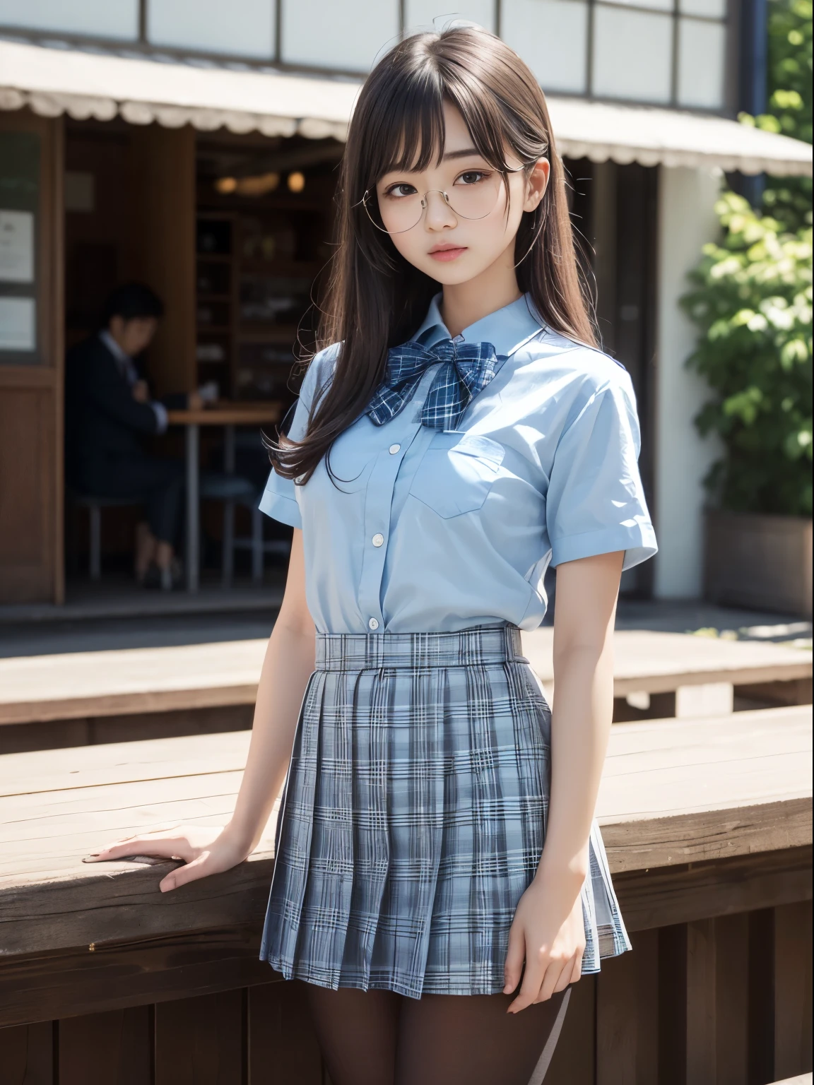 (8k、生photograph、 Highest quality、masterpiece:1.2)、(Small eyes)、((Black Pantyhose))、((Small breasts)、(Small breasts)、(Small breasts)、(Cutting board)、(Half an eye))、((Sleepy eyes))、((Squint your eyes))、(Round Glasses)、Droopy eyes、One person、cute、JK、high school girl、Japanese women、(Are standing)、(PhotoReactive:1.37)、Photon Mapping、Real、(Very delicate face)、round face、cute小さな顔、Brown eyes、(Red bow tie)、Radio City、Physically Based Rendering、Prospect、Character boundary depth、Blurred Background、photograph、、body、Beautiful feet、Long legs、Thin legs、(前hairが見える)、hair、lips、Blue_The目、Soft Nose、(Light blue shirt)、(Navy, blue and white plaid pleated skirt)、High school uniforms、See-through clothing、Thighs、black cotton socks、Nogizaka Idol、Japanese Idol