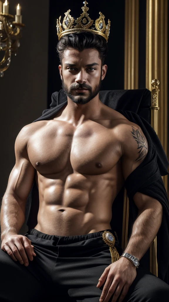 muscular shirtless king, defined abs and pectorals, black pants, big crown on his head, sitting on throne, looking at viewer majestically, black hair, facial hair, chest hair, tattooed chest,solo, navel, bara, sexy expression, (best quality,4k,8k,highres,masterpiece:1.2),ultra-detailed,(realistic,photorealistic,photo-realistic:1.37),