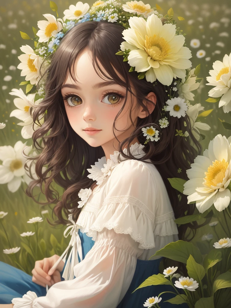 (masterpiece), (best quality: 1.1), (ultra-detailed), best illustration, finely detailed,, bouquet consisting of field flowers, The person is clear　Background is white