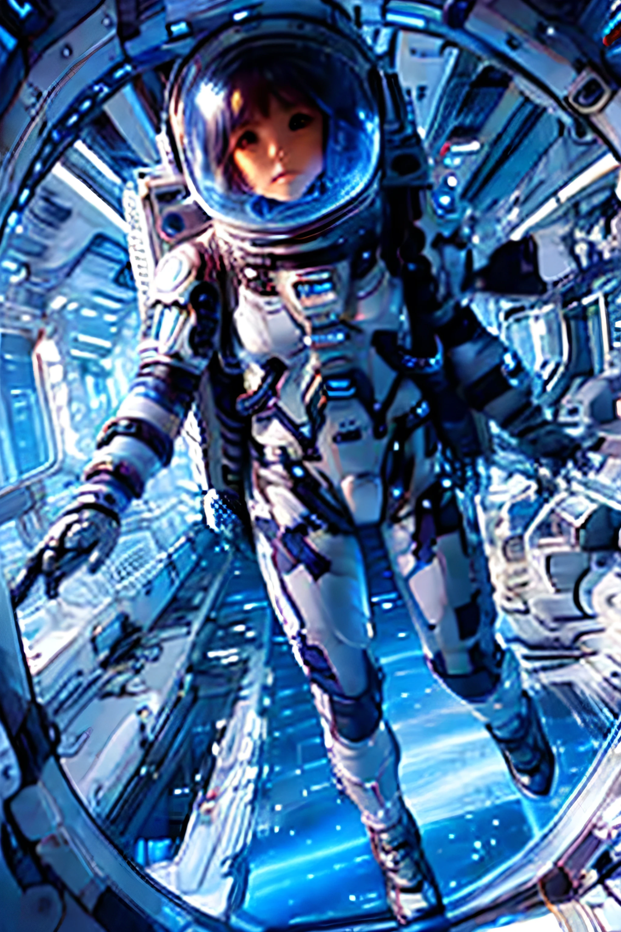 A Japanese girl poses with her whole body in a metallic silver space suit, helmet and life support
system on her back.
