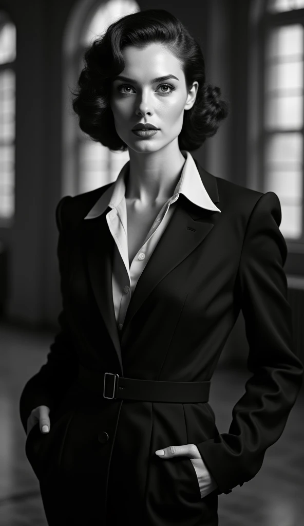colour 1930s female in a pant suit, 1girl, beautiful detailed eyes, beautiful detailed lips, extremely detailed face and portrait, long eyelashes, elegant businesswoman, confident pose, black and white photography, dramatic lighting, cinematic, retro style, high contrast, film grain, chiaroscuro, serious expression, tailored suit, wide-leg pants, strong silhouette, dramatic shadows