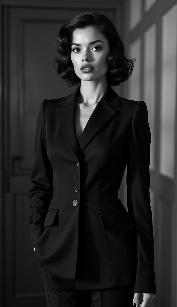 colour 1930s female in a pant suit, 1girl, beautiful detailed eyes, beautiful detailed lips, extremely detailed face and portrait, long eyelashes, elegant businesswoman, confident pose, black and white photography, dramatic lighting, cinematic, retro style, high contrast, film grain, chiaroscuro, serious expression, tailored suit, wide-leg pants, strong silhouette, dramatic shadows