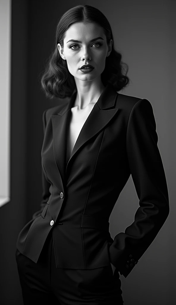 colour 1930s female in a pant suit, 1girl, beautiful detailed eyes, beautiful detailed lips, extremely detailed face and portrait, long eyelashes, elegant businesswoman, confident pose, black and white photography, dramatic lighting, cinematic, retro style, high contrast, film grain, chiaroscuro, serious expression, tailored suit, wide-leg pants, strong silhouette, dramatic shadows