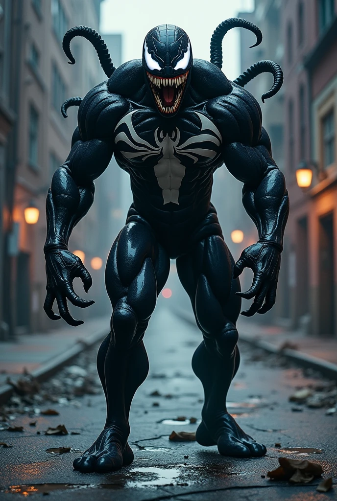 Eddie Brock, now fully bonded with the Venom symbiote, stands menacingly in the middle of a deserted street. His body is covered in the black symbiote, with sharp teeth and white, glowing eyes. Venom’s posture is aggressive, with tendri1o