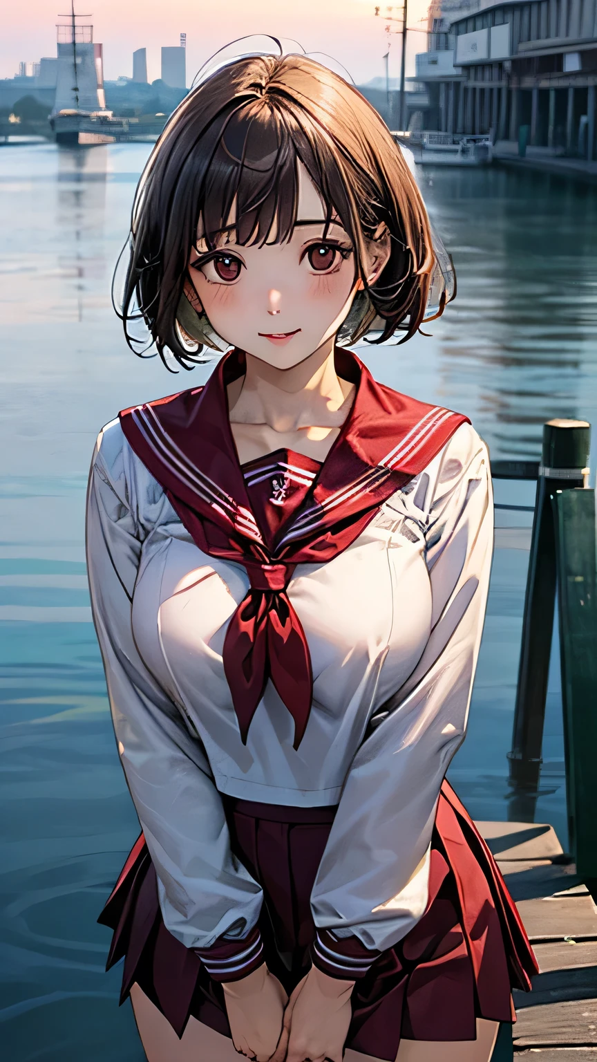 (masterpiece:1.2, Highest quality), (Realistic, photoRealistic:1.4), Beautiful illustrations, (Natural Side Lighting, Cinema Lighting), View your audience, Cowboy Shot, Front view:0.6, 1 person, Japanese, girl, , Perfect Face, cute and symmetrical face, Glowing Skin, (Upper Body), (short hair, Bobcut, bionde), Blunt bangs, Dark brown eyes, Long eyelashes, Beautiful Hair, Beautiful Face, Beautiful attention to detail, Beautiful clavicle, Beautiful body, Beautiful thighs, Beautiful legs, Beautiful fingers, ((Detailed cloth texture, long sleeves navy cute sailor suit, Red pleated skirt, Red Sailor Collar, Green sailor scarf)), (Beautiful views), evening, River side, Are standing, (cute, cute smile, Upward glance, Mouth open),((Large Breasts、Emphasizes the chest))