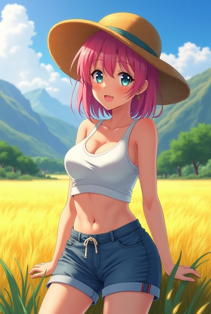 Slouching Woman,university student,Gal,smile, Pink Hair, Large Breasts, H Cup,anime, High resolution, 最high quality, high quality, Textured skin,Sticking out tongue, Tank top,Shorts,sexy,Mountain,countryside,Straw hat,Belly button exposed,Earrings,Sunburn,