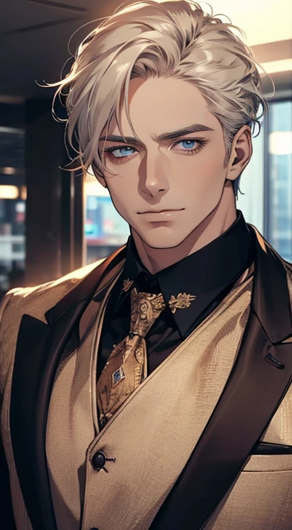 (best quality,4k,8k,highres,masterpiece:1.2),ultra-detailed,(realistic,photorealistic,photo-realistic:1.37),1 man,31 years old,mature man,very handsome,without expression,smile,short grey golden hair,blue eyes,penetrating gaze,perfect face without errors,imposing posture,businessman,office background,cinematic lighting,hdr image