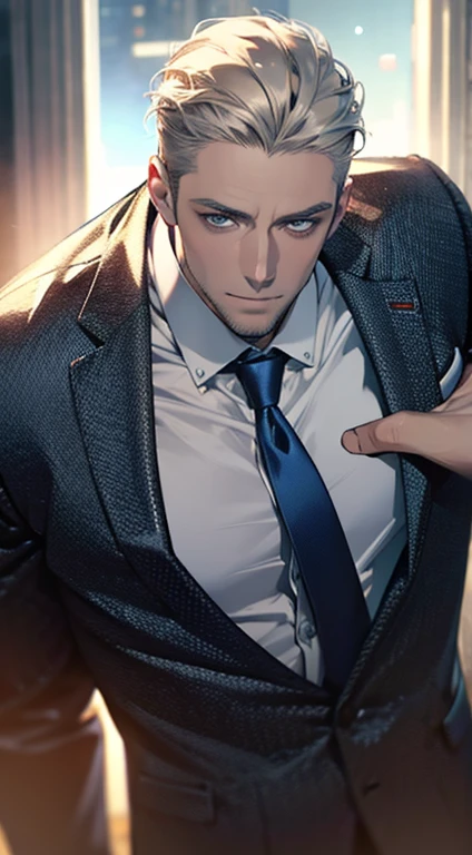 (best quality,4k,8k,highres,masterpiece:1.2),ultra-detailed,(realistic,photorealistic,photo-realistic:1.37),1 man,31 years old,mature man,very handsome,without expression,smile,short grey golden hair,blue eyes,penetrating gaze,perfect face without errors,imposing posture,businessman,office background,cinematic lighting,hdr image