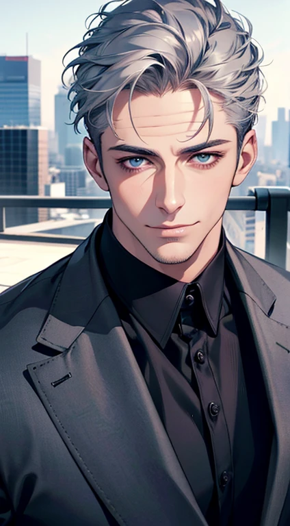 (best quality,4k,8k,highres,masterpiece:1.2),ultra-detailed,(realistic,photorealistic,photo-realistic:1.37),1 man,31 years old,mature man,very handsome,without expression,smile,short grey blue hair,blue eyes,penetrating gaze,perfect face without errors,imposing posture,businessman,office background,cinematic lighting,hdr image