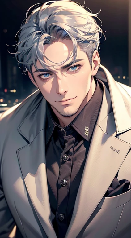 (best quality,4k,8k,highres,masterpiece:1.2),ultra-detailed,(realistic,photorealistic,photo-realistic:1.37),1 man,31 years old,mature man,very handsome,without expression,smile,short grey blue hair,blue eyes,penetrating gaze,perfect face without errors,imposing posture,businessman,office background,cinematic lighting,hdr image