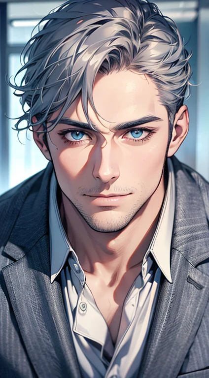 (best quality,4k,8k,highres,masterpiece:1.2),ultra-detailed,(realistic,photorealistic,photo-realistic:1.37),1 man,31 years old,mature man,very handsome,without expression,smile,short grey blue hair,blue eyes,penetrating gaze,perfect face without errors,imposing posture,businessman,office background,cinematic lighting,hdr image