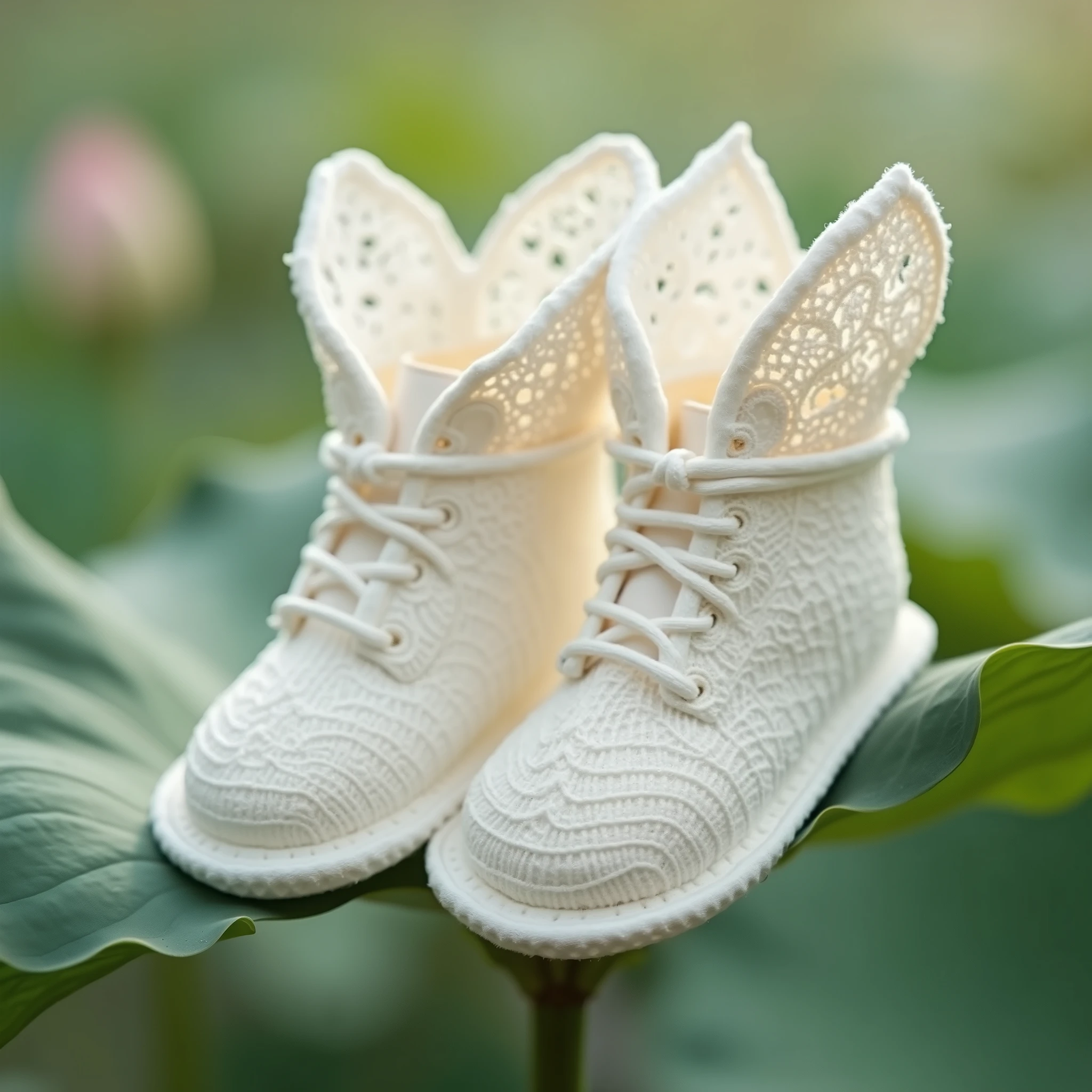Booties, on the lotus background, for newborns white, very lacy , air beautiful lace, transparent ears,Shuttlecocks,, Permission, photo realistic, 8k, depth of field,