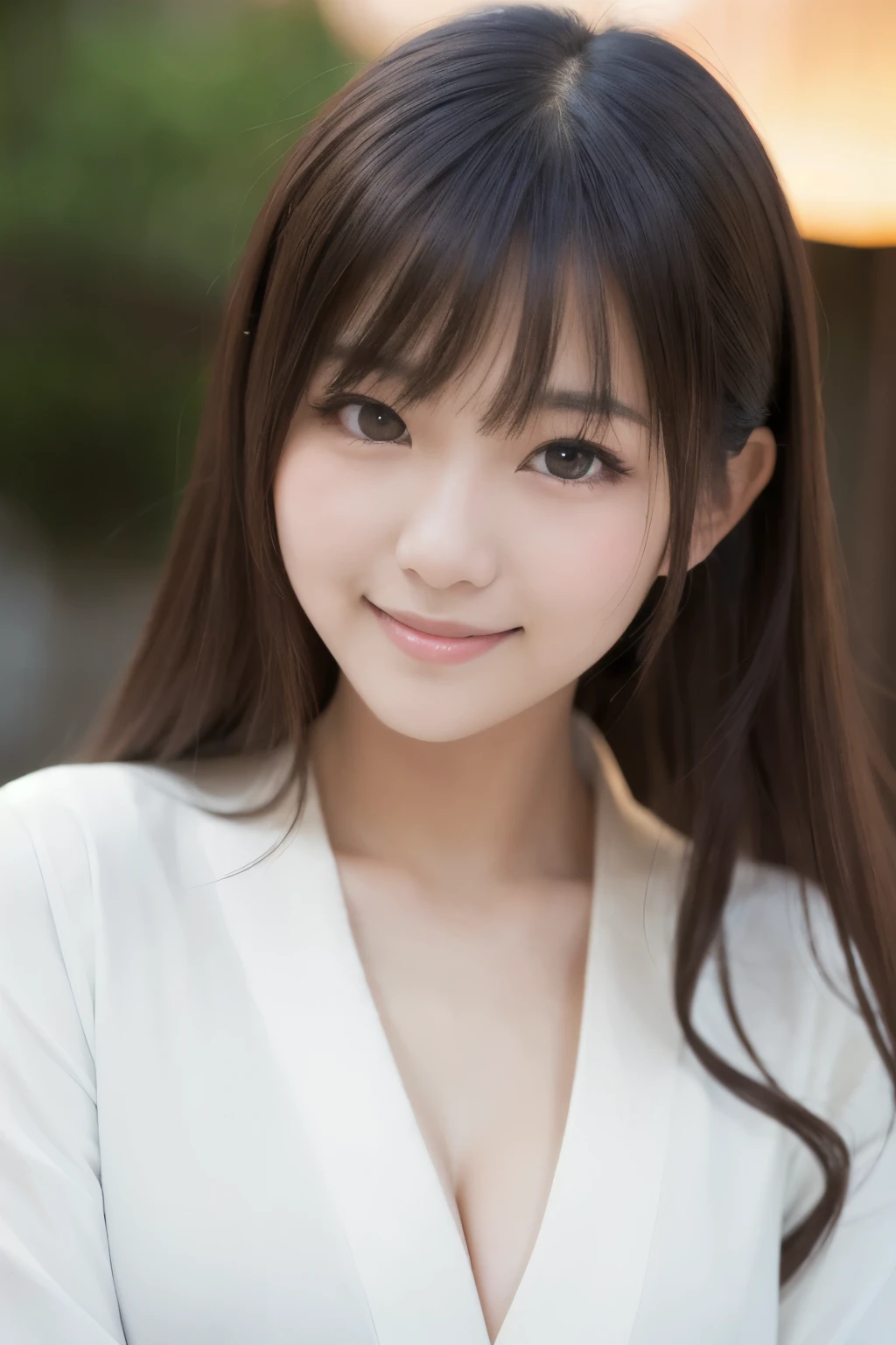 best quality, face focus, soft light, ultra high res, (photorealistic:1.4), RAW photo,(Shinozaki Ai), white skin, kawaii, 1 Japanese girl, solo, cute, (smile), (pupil, lights in the eyes), detailed beautiful face, Medium-sized breasts,(high resolution detail of human skin texture),(long hair),(portrait), upper body, white traditional kimono