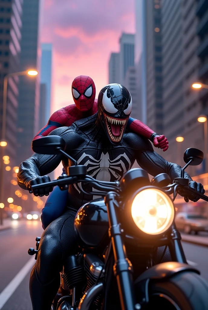 Venom riding a motorcycle and spiderman sitting on back seat