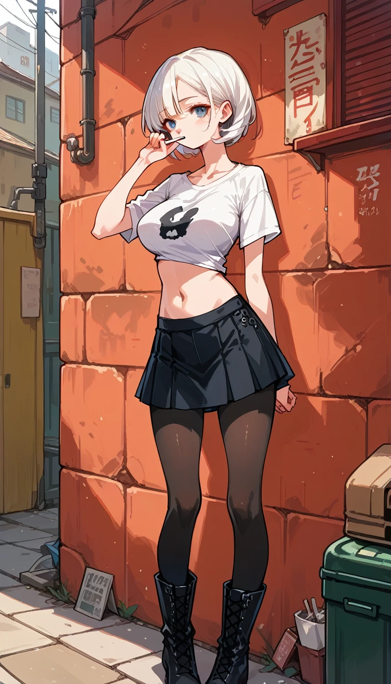 1girl, solo, Alley, standing, lean against a wall, smoking in one's mouth, Lazy expression, V-neck T-shirts, mini skirt, zettairyouiki, large breasts, black pantyhose, white lace-up boots, ((looking out)), aidxlv05_neg, bare navel, tubetop