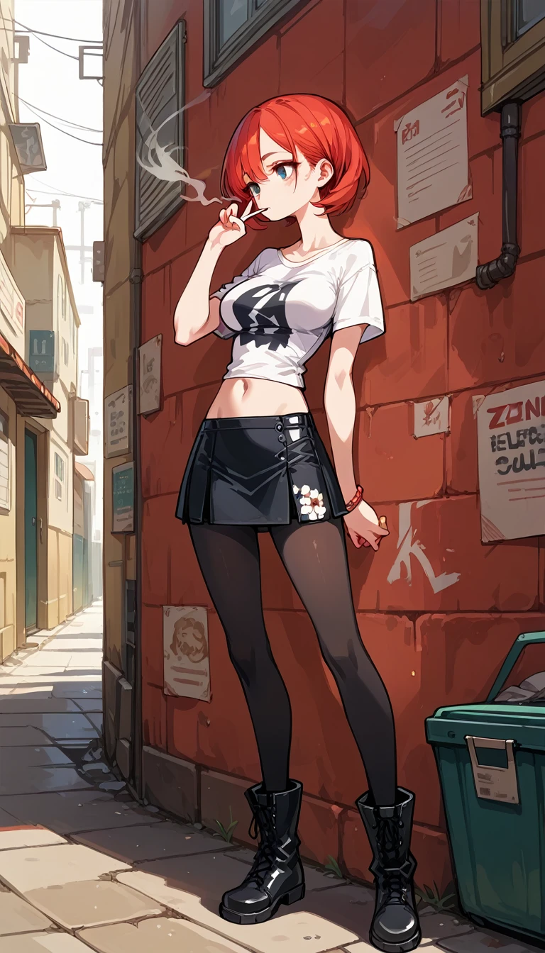 1girl, solo, Alley, standing, lean against a wall, smoking in one's mouth, Lazy expression, V-neck T-shirts, mini skirt, zettairyouiki, large breasts, black pantyhose, white lace-up boots, ((looking out)), aidxlv05_neg, bare navel, tubetop