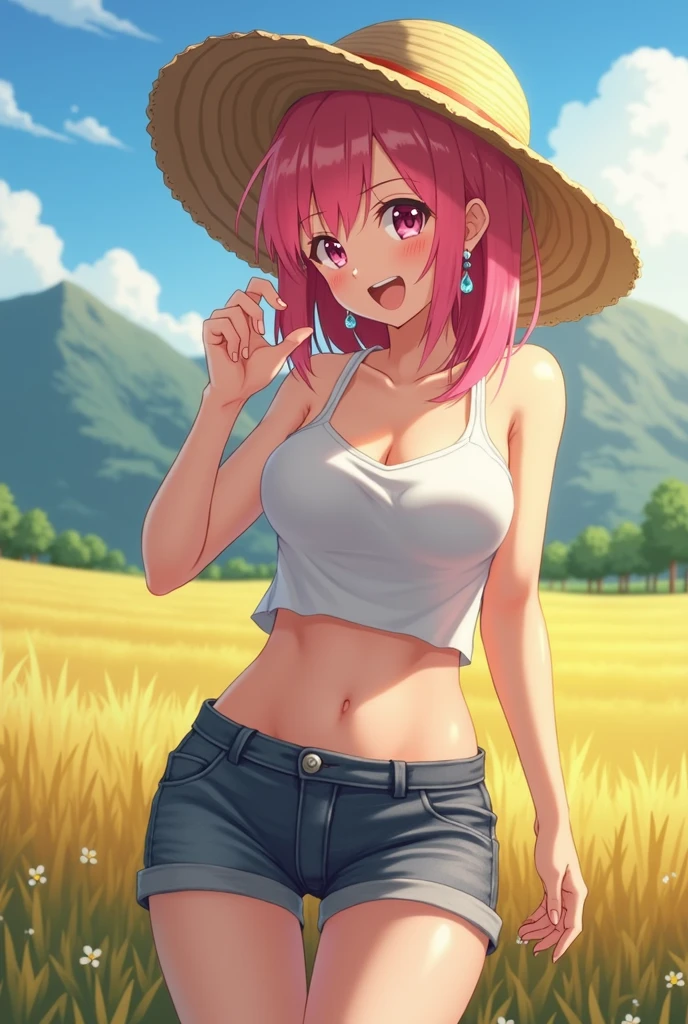 Slouching Woman,university student,Gal,smile, Pink Hair, Large Breasts, H Cup,anime, High resolution, 最high quality, high quality, Textured skin,Sticking out tongue, Tank top,Shorts,sexy,Mountain,countryside,Straw hat,Belly button exposed,Earrings,Sunburn,