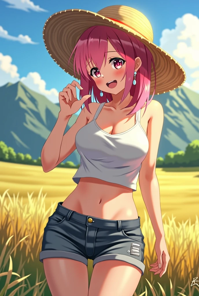 Slouching Woman,university student,Gal,smile, Pink Hair, Large Breasts, H Cup,anime, High resolution, 最high quality, high quality, Textured skin,Sticking out tongue, Tank top,Shorts,sexy,Mountain,countryside,Straw hat,Belly button exposed,Earrings,Sunburn,