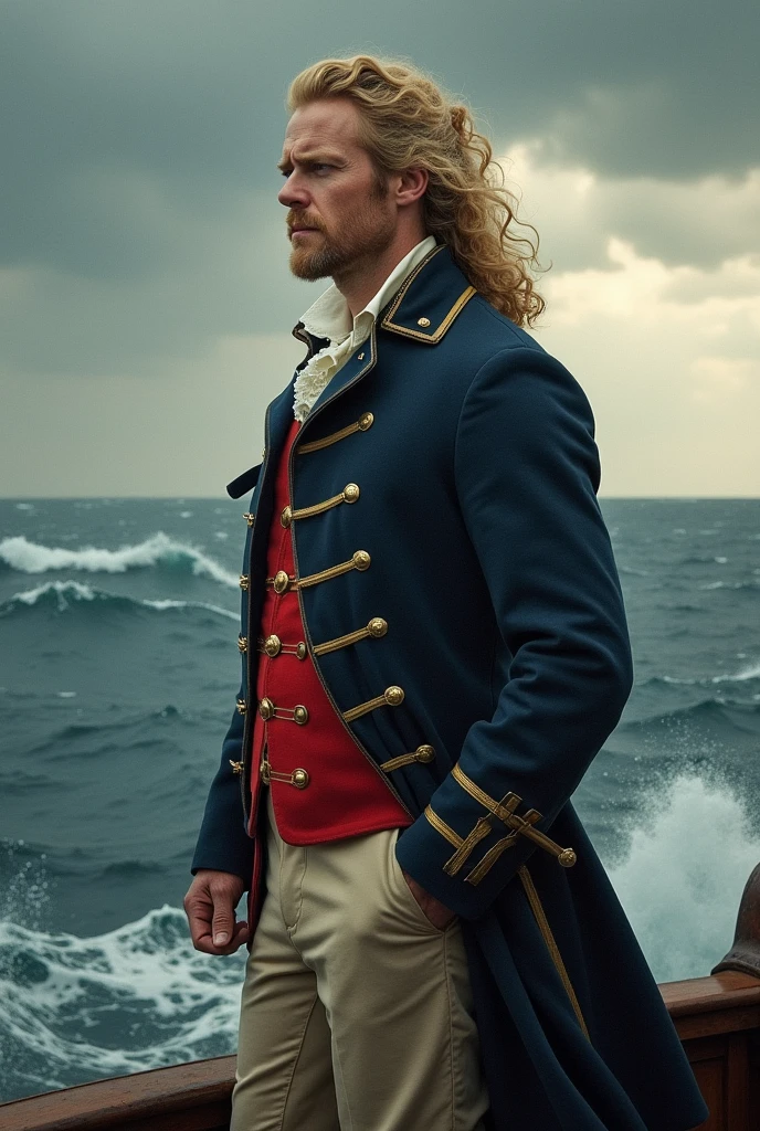 Draw the character of Jack Aubrey - one of the main characters in Patrick O'Brian's series of novels, which begins with the book "Master and Commander". This character is the embodiment of a typical British naval officer of the early 19th century, of the Napoleonic Wars. Here are its main characteristics: Appearance: age: 37 years old, height: Tall and large, with broad shoulders and powerful musculature. In the novel, he is described as a physically strong man. face: Jack has a kind face, often described as somewhat round, with expressive features. hair: He has blonde hair, sometimes tied in a ponytail. hair слегка вьются, especially at the ends, which gives him a certain charm. Clean-shaven: Unlike many sailors, Jack takes good care of his appearance, including a clean-shaven face, which befits his high rank. Nature: Brave and determined: As a captain of the Royal Navy, Aubrey is known for his bravery and unwavering dedication to his duty and ship. Educated, but not intellectual: Although Jack is a brilliant naval tactician and strategist, he doesn't always demonstrate a high level of knowledge in literature, philosophy or science. nevertheless, his incredible skills in seafaring make up for any intellectual gaps. humor: Jack has a rather cheerful disposition and a penchant for jokes, especially to puns. This sometimes makes him more appealing to other characters, despite his moments of clumsiness. Straightforwardness: Jack tends to be straightforward and honest, especially in combat or challenging situations.