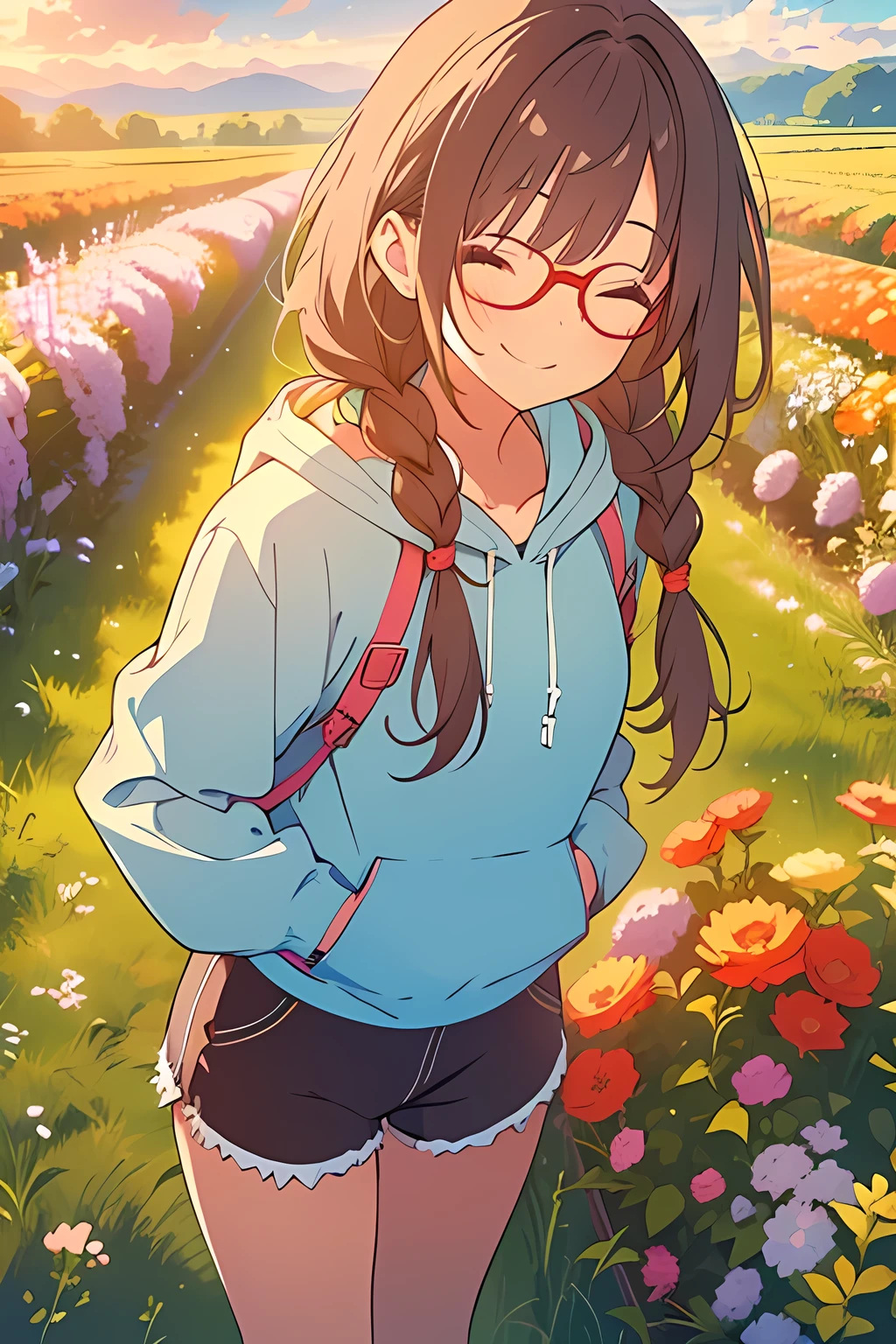 1girl, solo, glasses, ((smiling with eyes closed)), braided brown hair, hair over shoulders, facing viewer, standing in flower field, hoodie, shorts, masterpiece, best quality, in 8K, ultra-high resolution, anime style, heavy wind
