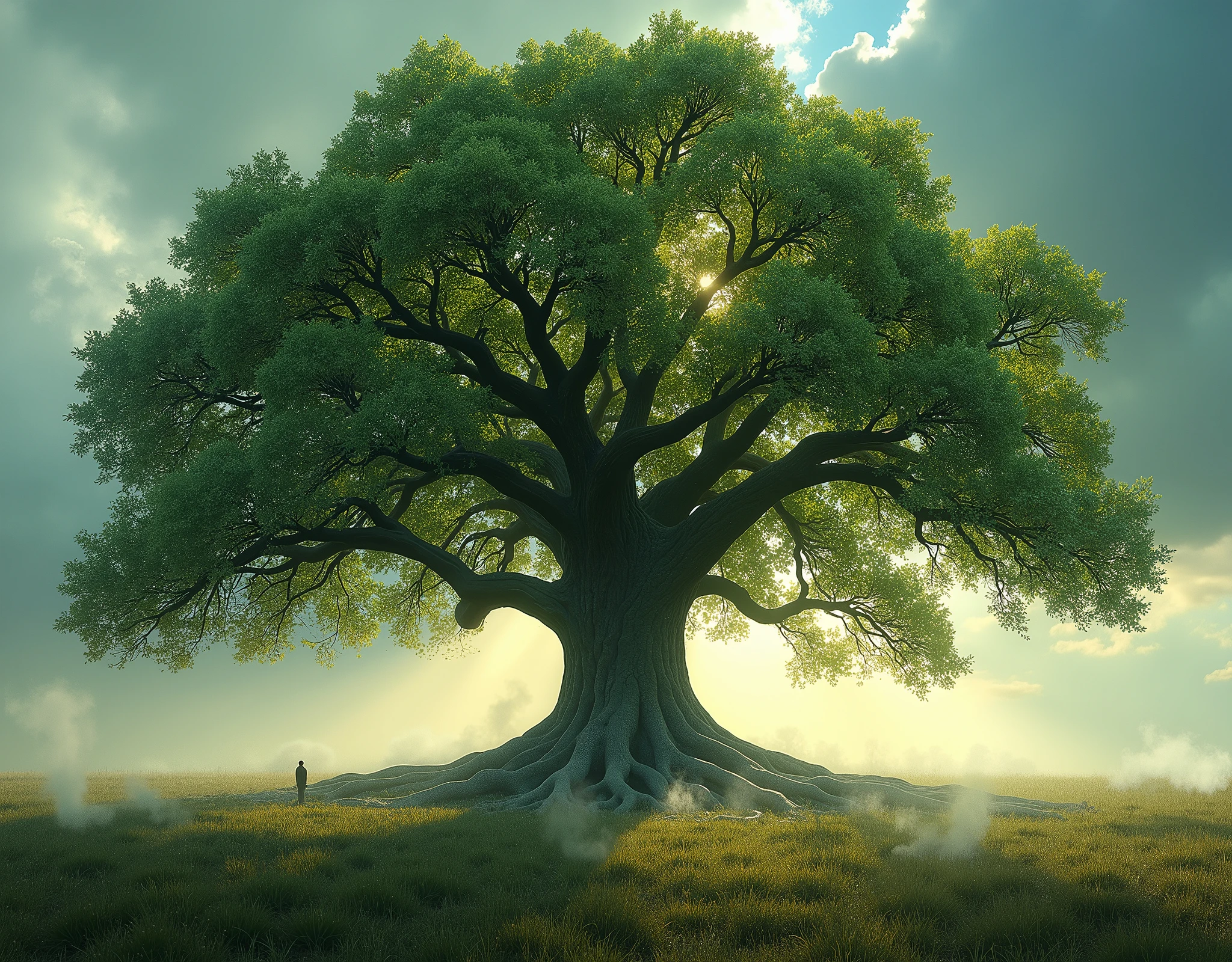 Full frame，A majestic old oak tree in a field，Immense crown，Lifelike, Intricate roots，Creating atmosphere through the use of smudging techniques, Original style，Dark，Looking up，Full of magic，Wizarding World，Religious overtones，mystery