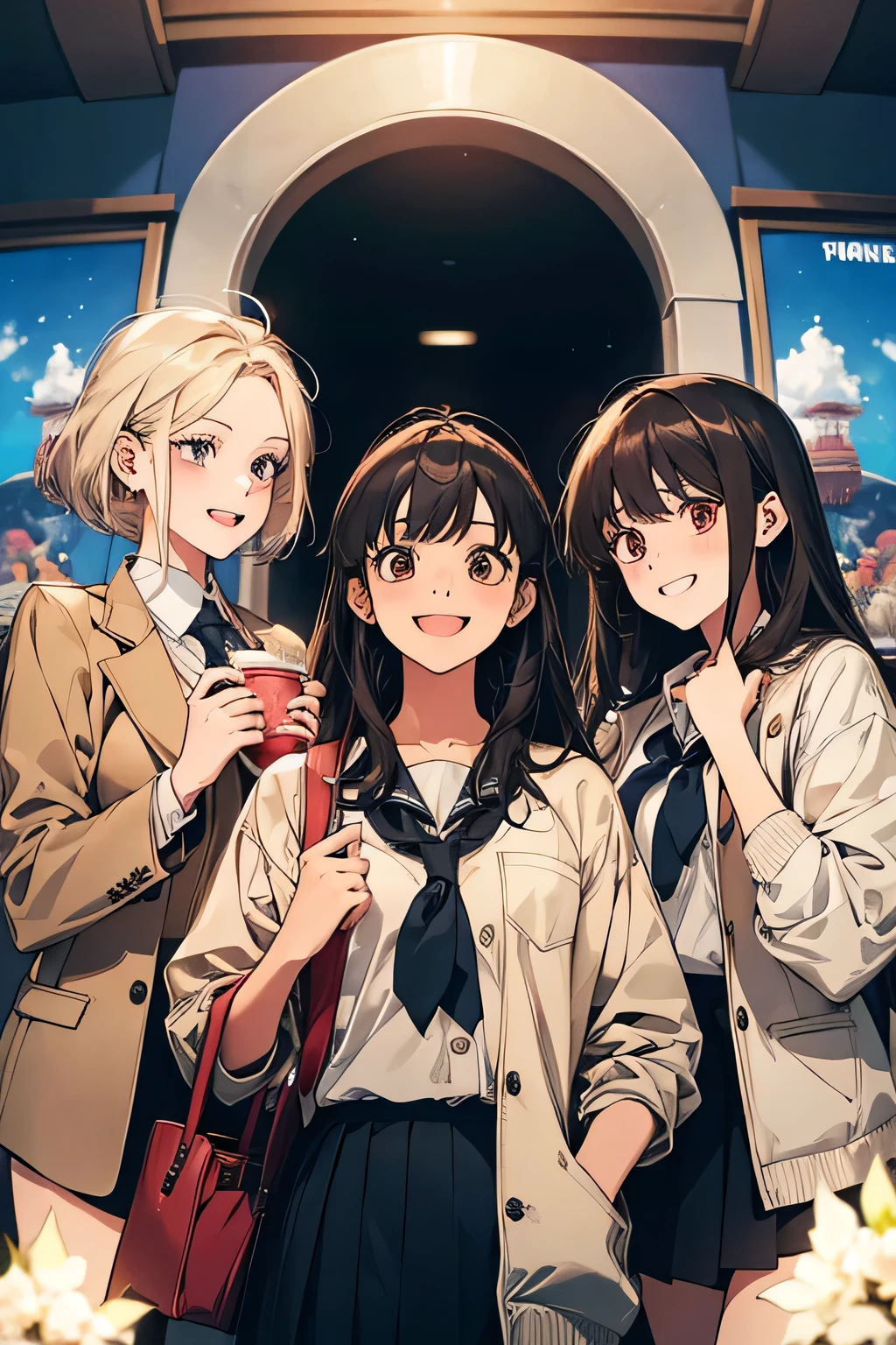 Three girls. . They are wearing the same school uniform.
At the entrance to the movie theater, holding popcorn and juice.
She looks happy. She is smiling.Anime style. High picture quality.