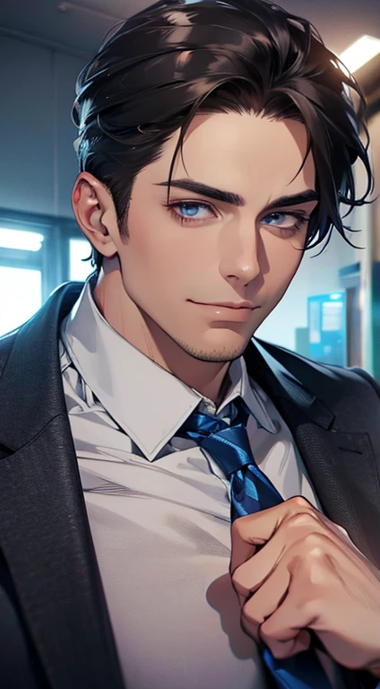 (best quality,4k,8k,highres,masterpiece:1.2),ultra-detailed,(realistic,photorealistic,photo-realistic:1.37),1 man,31 years old,mature man,very handsome,without expression,smile,short grey black hair,blue eyes,penetrating gaze,perfect face without errors,imposing posture,businessman,office background,cinematic lighting,hdr image