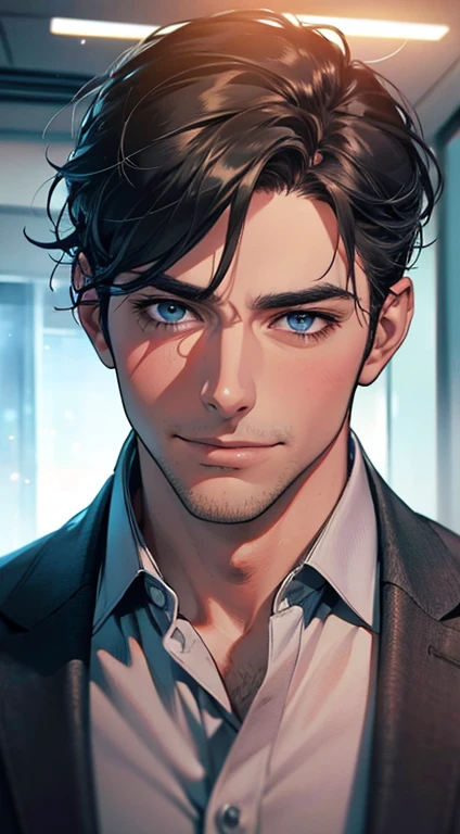 (best quality,4k,8k,highres,masterpiece:1.2),ultra-detailed,(realistic,photorealistic,photo-realistic:1.37),1 man,31 years old,mature man,very handsome,without expression,smile,short grey black hair,blue eyes,penetrating gaze,perfect face without errors,imposing posture,businessman,office background,cinematic lighting,hdr image
