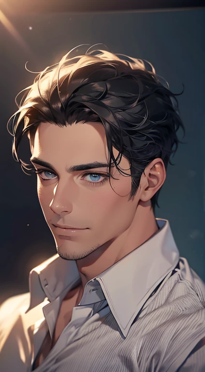 (best quality,4k,8k,highres,masterpiece:1.2),ultra-detailed,(realistic,photorealistic,photo-realistic:1.37),1 man,31 years old,mature man,very handsome,without expression,smile,short grey black hair,blue eyes,penetrating gaze,perfect face without errors,imposing posture,businessman,office background,cinematic lighting,hdr image